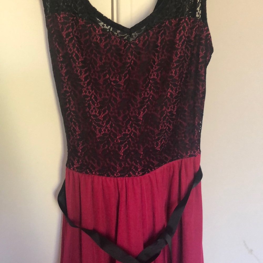 Magenta with black lace dress